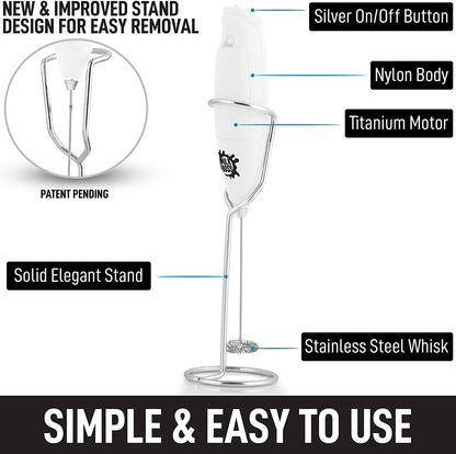 Matcha Whisk - Handheld Electric Stirrer - Frother Wand & Drink Mixer - Durable Stainless Steel - White Ultra Stand